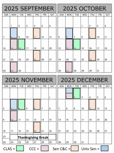 Picture shows calendar blocks for September, October, November, and December of 2025 with certain committee meeting dates color coded onto the calendar.